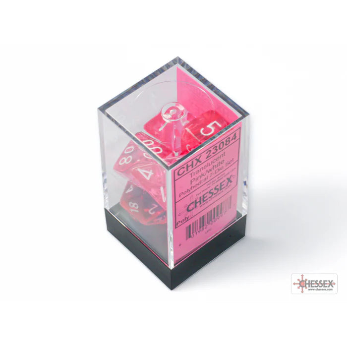 Set 7 dadi poliedrici - Trasparenti Rosa/Bianco