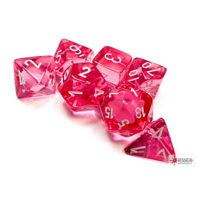 Set 7 dadi poliedrici - Trasparenti Rosa/Bianco